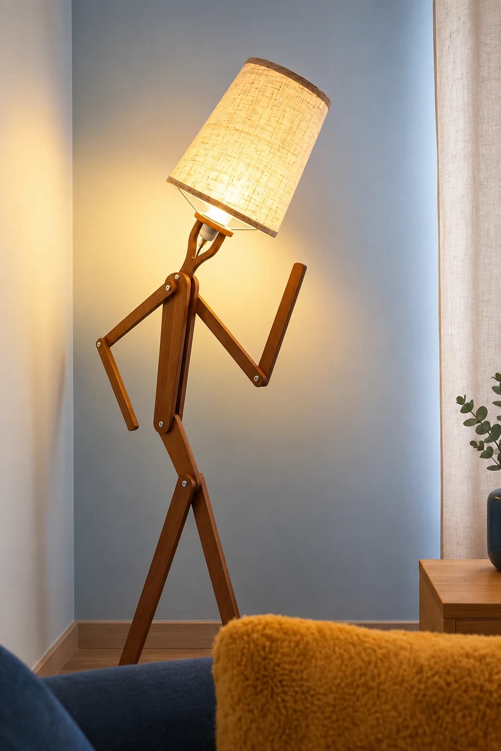 La lampe articulée en bois, près d’un fauteuil et d’un coussin ocre dans le cabinet