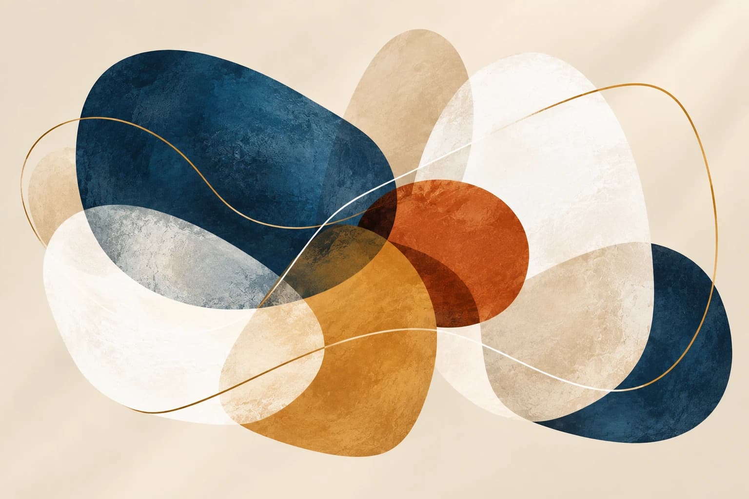 Composition organique abstraite, en bleu profond, ocre et crème