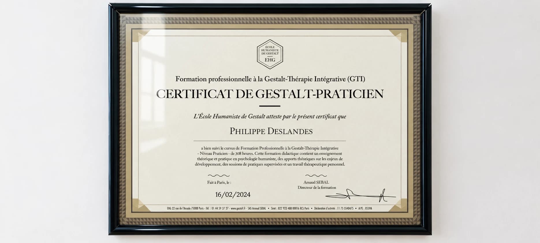 Certificat de Gestalt-praticien de Philippe Deslandes, délivré par l’École Humaniste de Gestalt